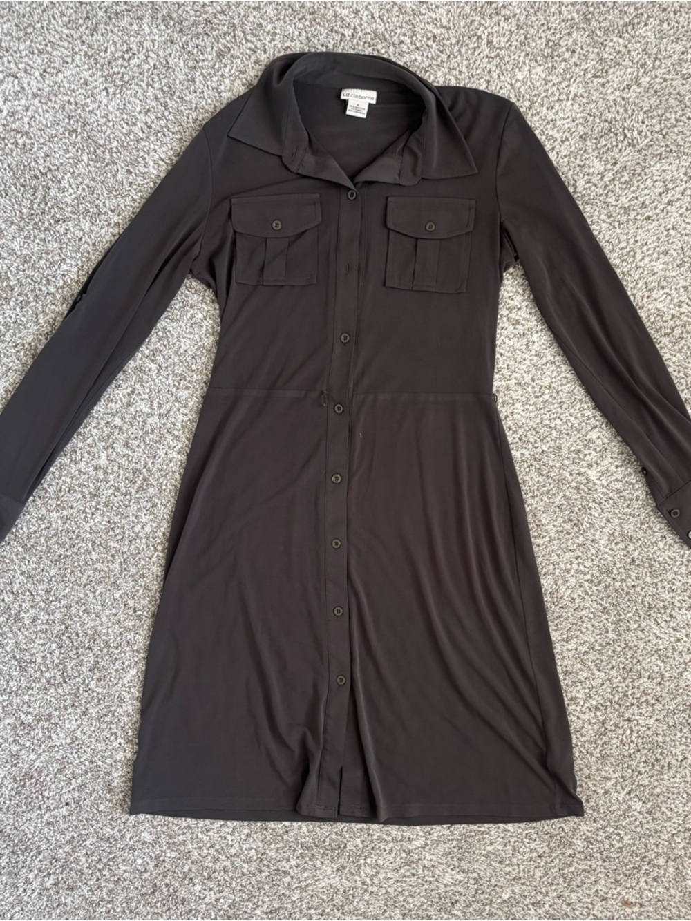 Olive Green Utility Shirt Dress Size 4 Minimalist Safari Chic Button Front Midi